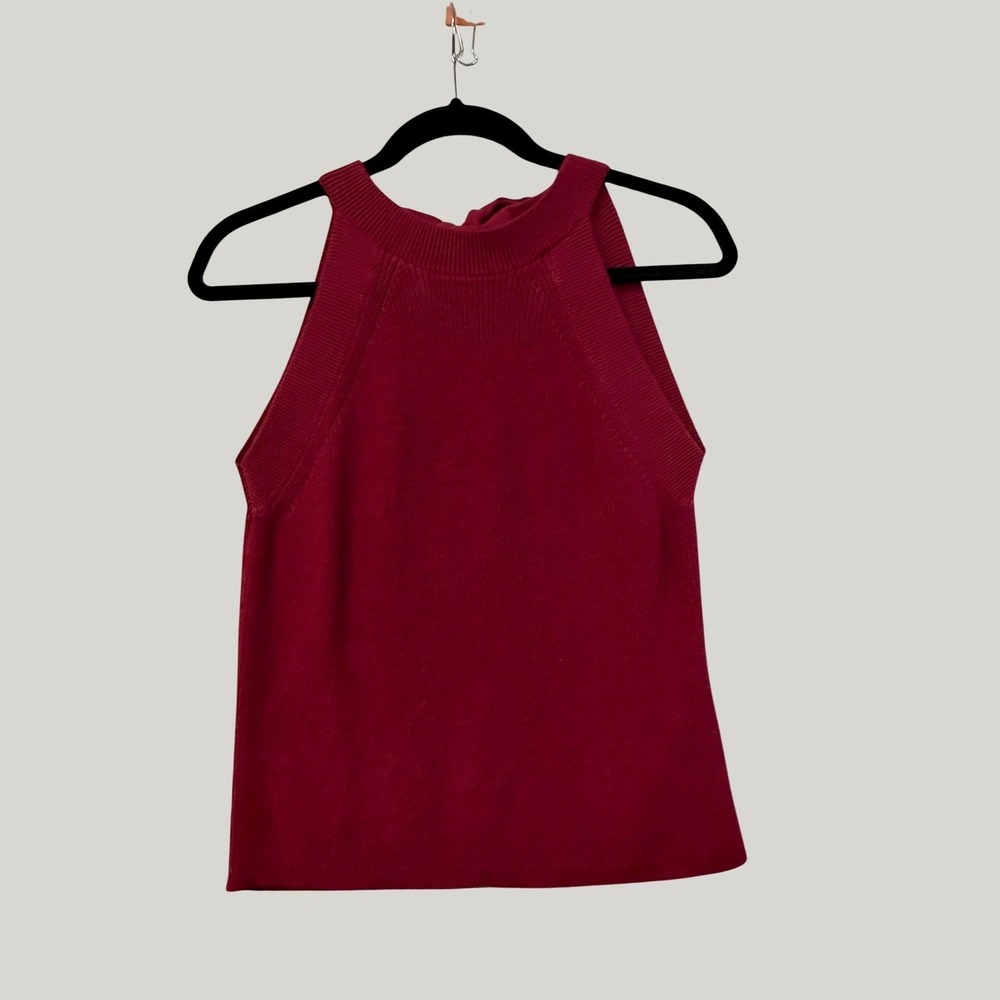 Ann Taylor Factory Burgandy Cotton Knit ‎ Top Tie Back Bow Sleeveless Sweater L